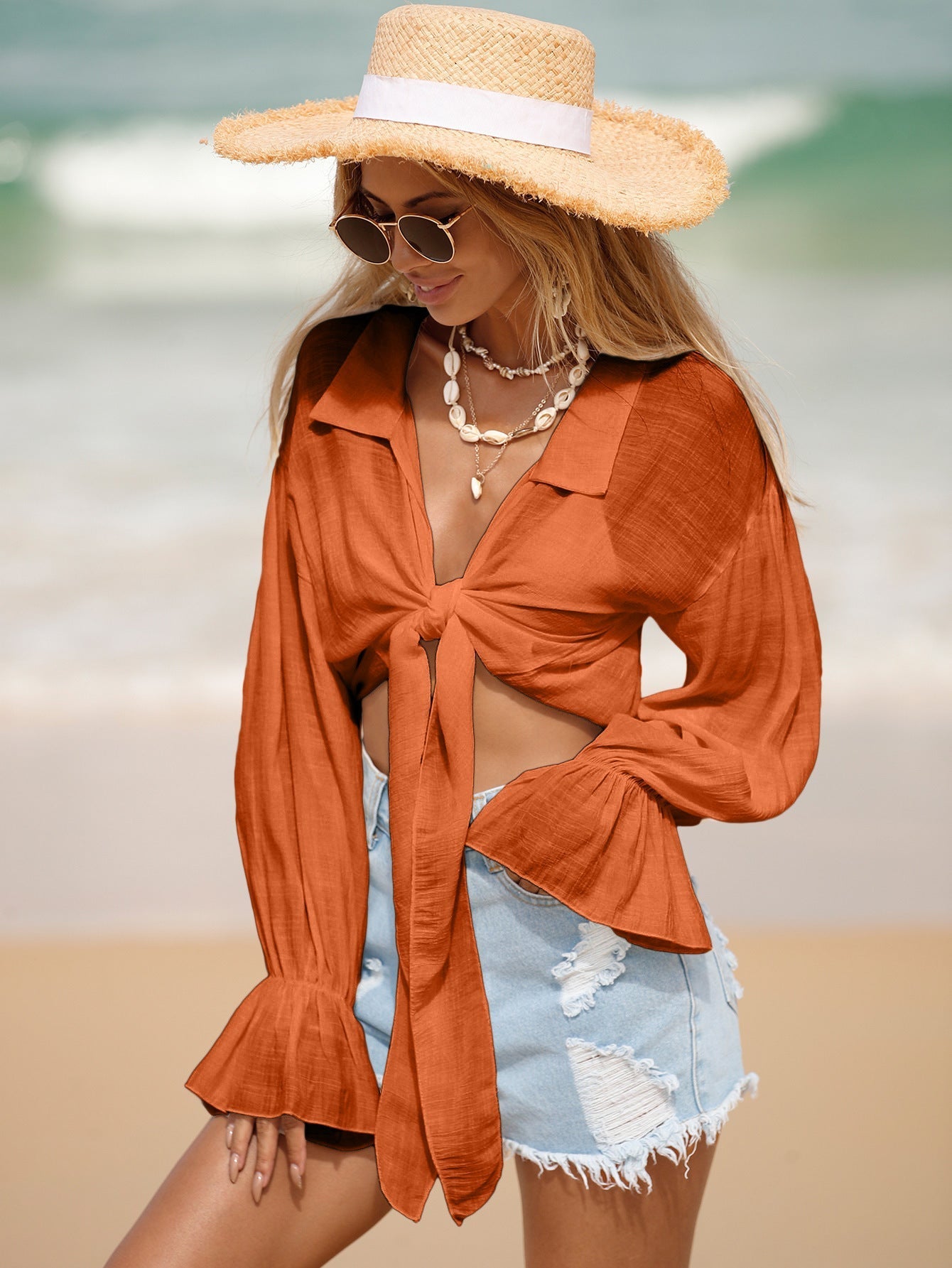 Beach Cover Up Sun Protection Front Lace Up Slub Cotton Shirt Long Sleeve Beach Sun Protection Shirt Women Bella Mia